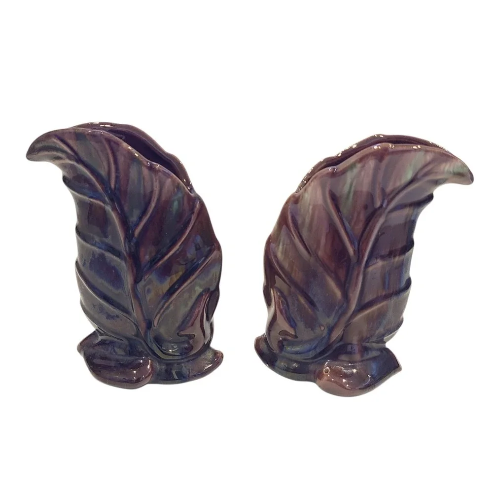 Pair of MCM Royal Haeger Brown Green Briar Agate Leaf‎ Pottery Vase 6